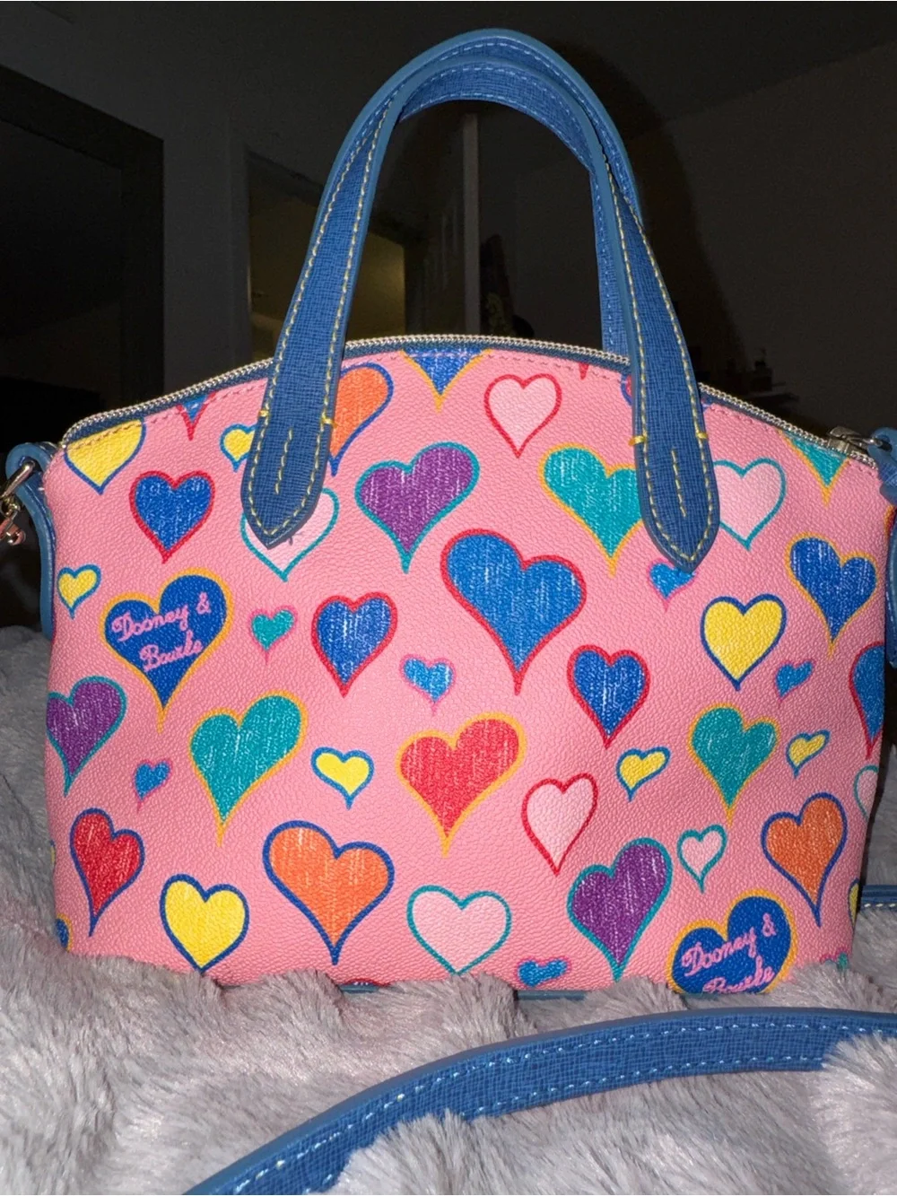 Dooney & Bourke Pink Heart Print Mini Satchel with Blue Trim - Picture 2 of 8